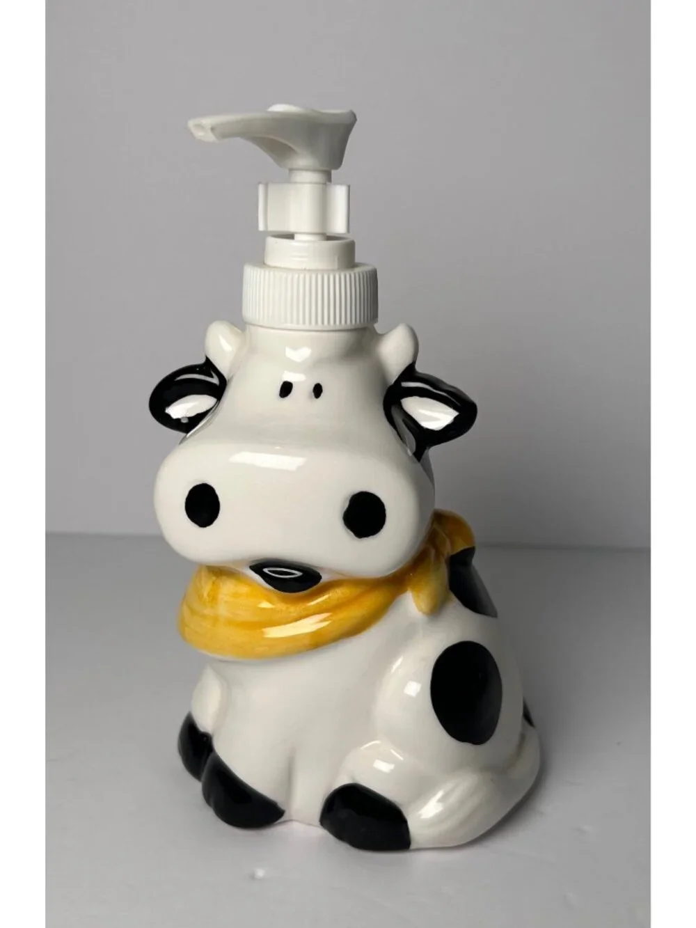 Cow Themed Ceramic Soap Dispenser Yellow Scarf Farmhouse Decor Black & White